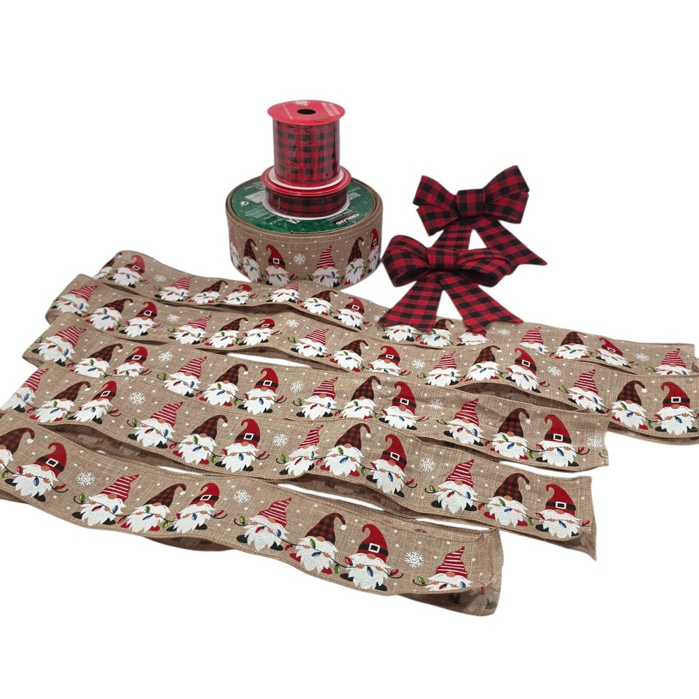 Kirkland Gnome Christmas Ribbon Bundle 51 Yds Red Black Buffalo Check Wired Edge